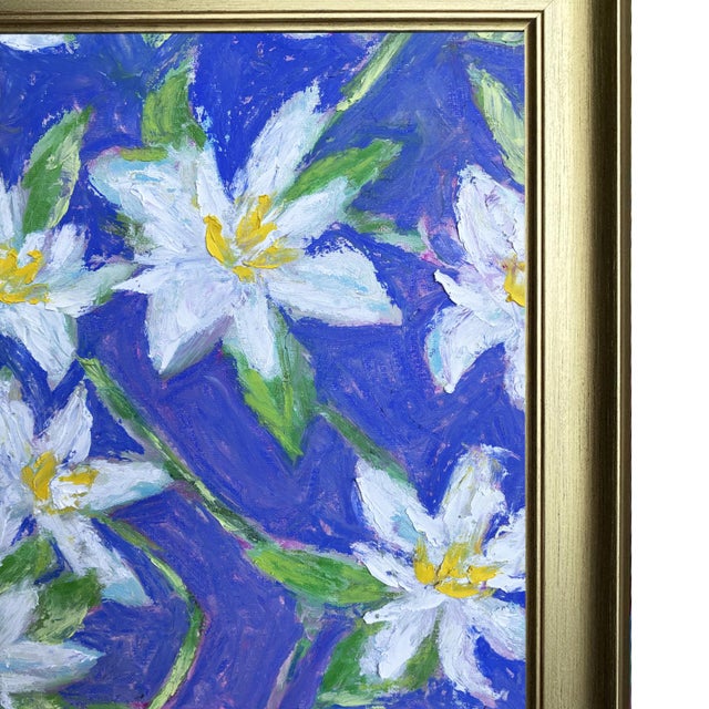 Original Framed Daisy Garden Painting, White Blue Green Floral Wall Art, Oil on Canvas in Gold Frame, 14x14 Maximalist Boho Home Decor For Sale - Image 4 of 4
