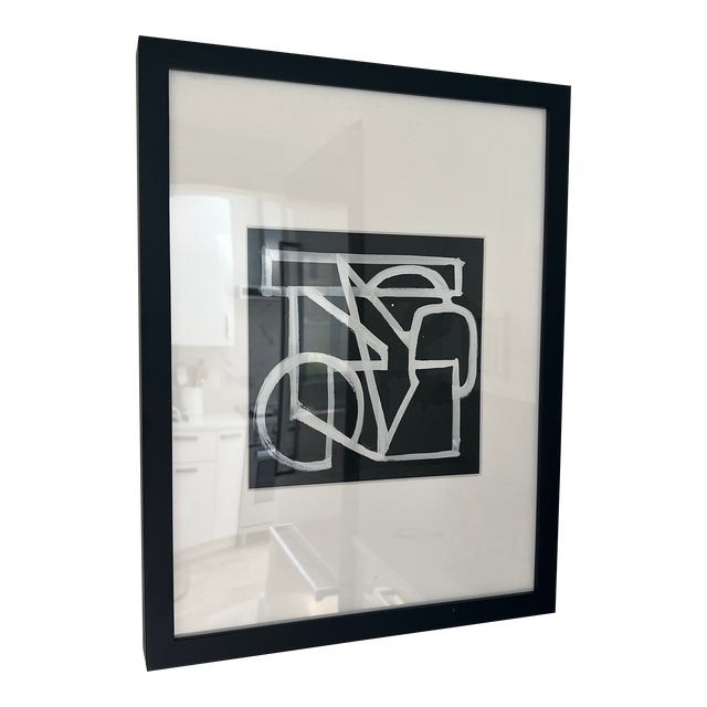 Newly Framed Vintage Midcentury Black and White Abstract Painting For Sale