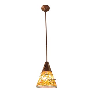 Art Nouveau Art Glass + Copper Pendant Light For Sale