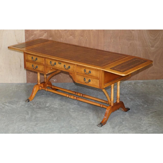 Brown Leather & Burr Yew Wood Extending Writing Desk For Sale - Image 13 of 18