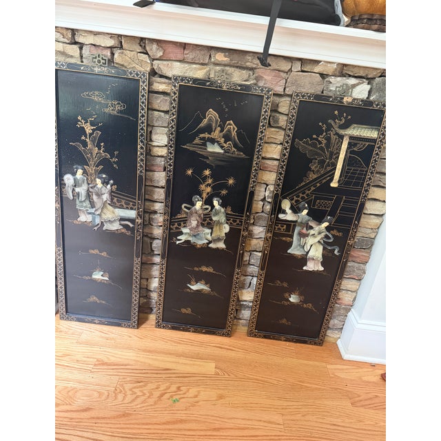 Vintage Chinese Black Lacquer 4-Panel Folding Screen Room Divider - Soapstone & Mother-of-Pearl Inlay For Sale - Image 11 of 18