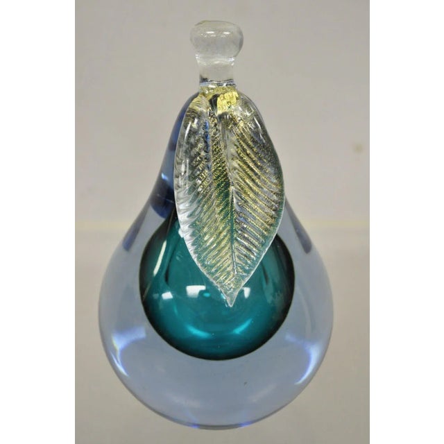 Italian Murano Blue 7" Blown Art Glass Pear Fruit Gold Flecks Leaf Paperweight For Sale In Philadelphia - Image 6 of 11