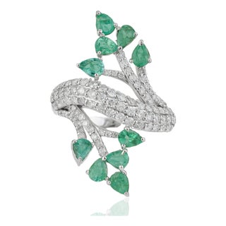 Art Nouveau Inspired Natural Emerald & Diamond Cocktail Ring for Women, Size 7 For Sale