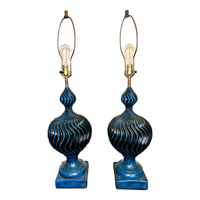 Pair of Mid 20th Century Two-Tone Blue Ceramic Swirl Statement Table Lamps For Sale