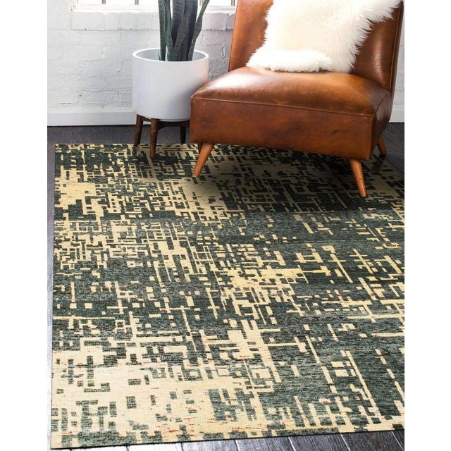 9x12 Blue Hand-Knotted Silk Abstract Cityscape Geometric Modern Carpet Rug For Sale - Image 4 of 4