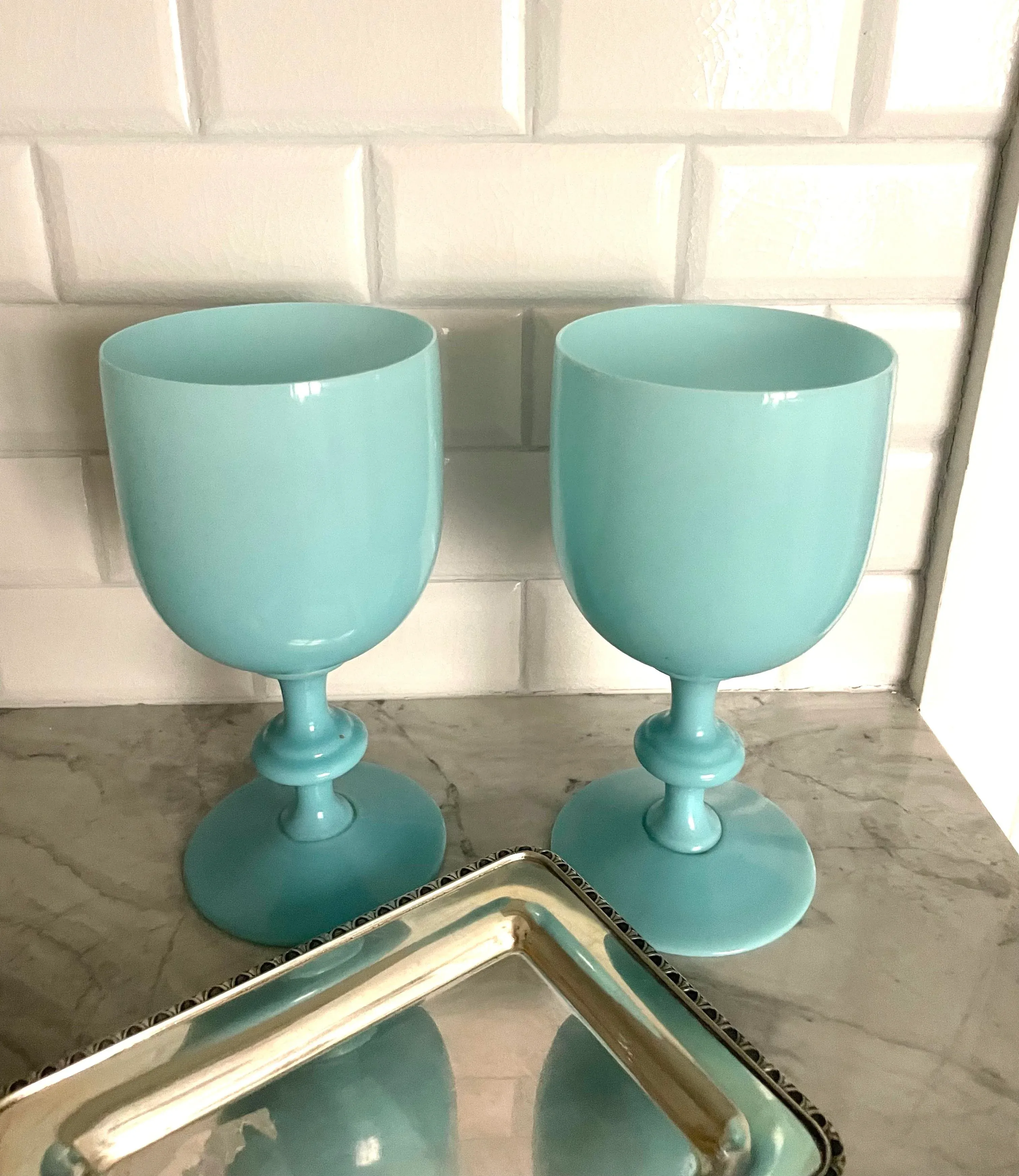 Pair of Vintage Portieux Vallerysthal Blue Opaline Glasses | Chairish