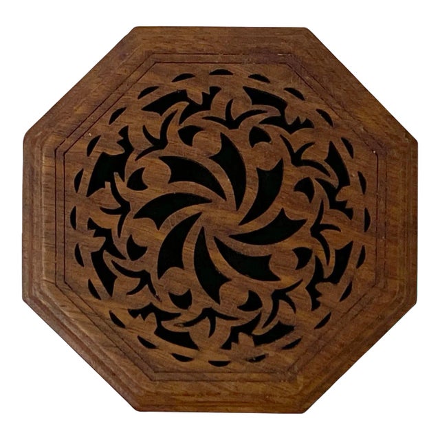 Small Brown Wood Octagonal Carving Storage Accent Box For Sale