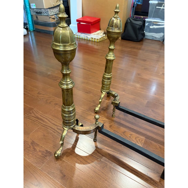 19th Century Antique American Brass and Cast Iron Fireplace Andirons W. Ball and Claw Feet For Sale - Image 10 of 12