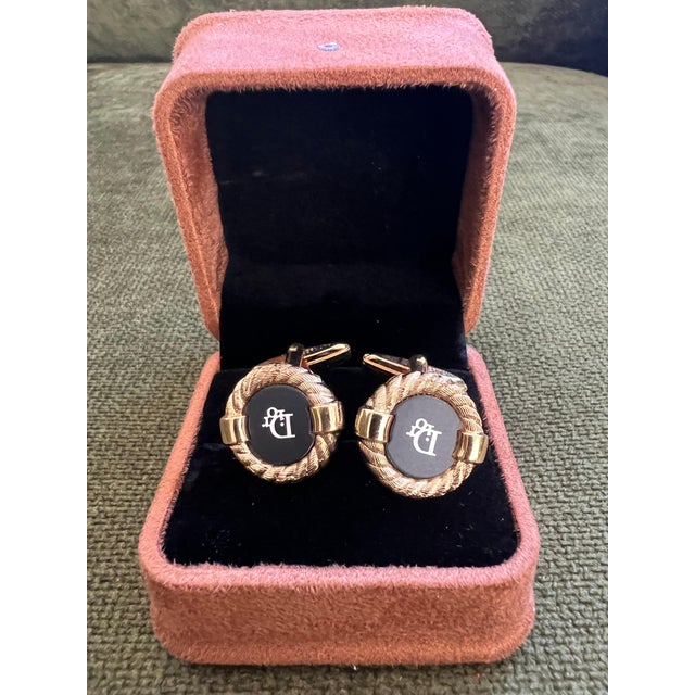 Rare Gold Plated & Onyx Vintage Art Deco Christian Dior Cufflinks In Lux Case Circa 1980 Featuring a front Dior logo, a...