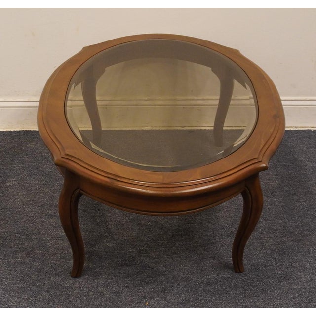 Wood Ethan Allen Chateau Normandy Solid Knotty Pine 48" Oval Coffee Table W. Beveled Amber Glass Top 17-8010 For Sale - Image 7 of 9