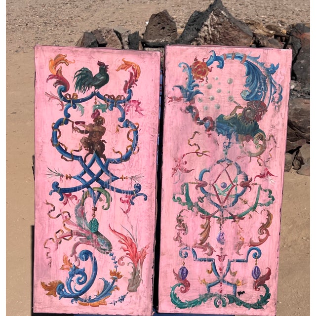 Chinoiserie Pair of Vintage Large Continental European Chinoiserie Oil on Leather Panel Paintings For Sale - Image 3 of 14