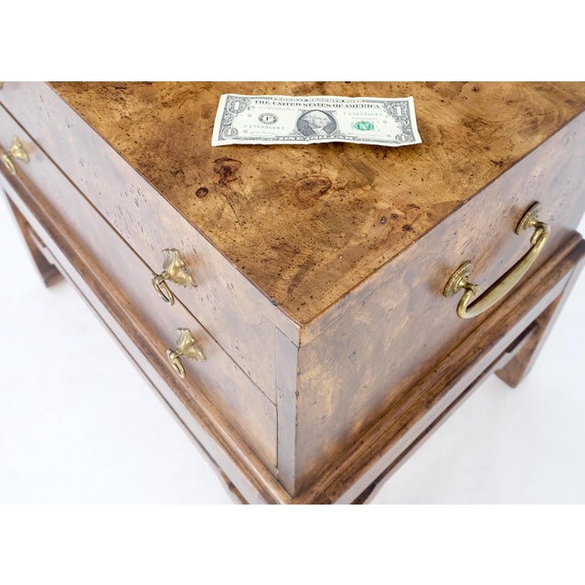 Pair of Burl Asian Campaign Fusion 2 Drawer Night Stands End Table Brass Pulls For Sale - Image 6 of 15