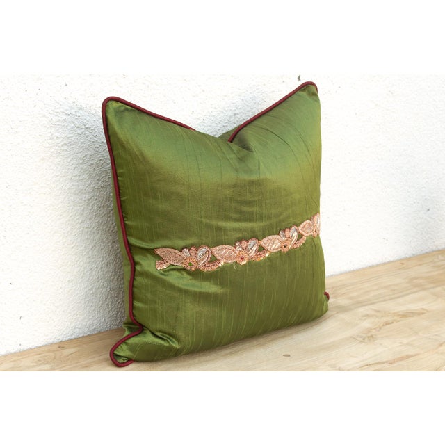 Indian Green Zardozi-Embroidered Silk Pillow Cover, Embroidered Band For Sale - Image 3 of 7