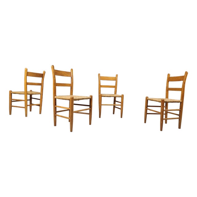 Mid-Century Oak and Wicker Dining Chairs, 1970s, Set of 4 For Sale