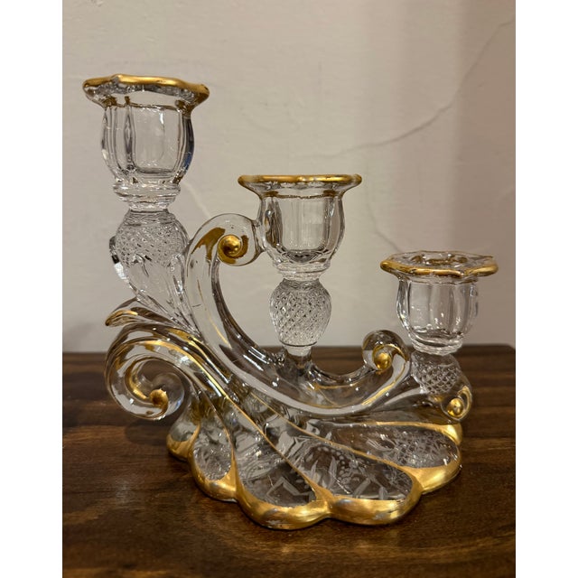 Metal 1930s Cambridge Glass Valencia Etched & Gilt 3-Light Candelabra – Pair For Sale - Image 7 of 17