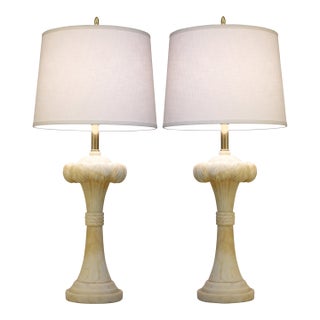 1940s Dorothy Draper Hollywood Regency Modern Solid Marble Palm Column Table Lamps - a Pair For Sale