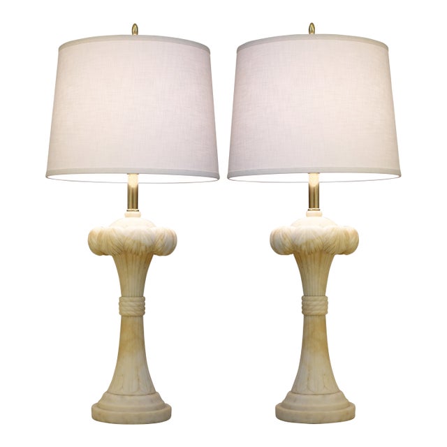 1940s Dorothy Draper Hollywood Regency Modern Solid Marble Palm Column Table Lamps - a Pair For Sale