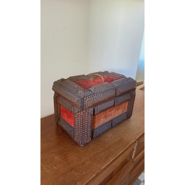 Antique Tramp Art Wooden Box, Hand Carved Folk Art Chest, Chip Carved Jewelry Box, Rustic Primitive Storage, Collectible Decor For Sale - Image 9 of 17
