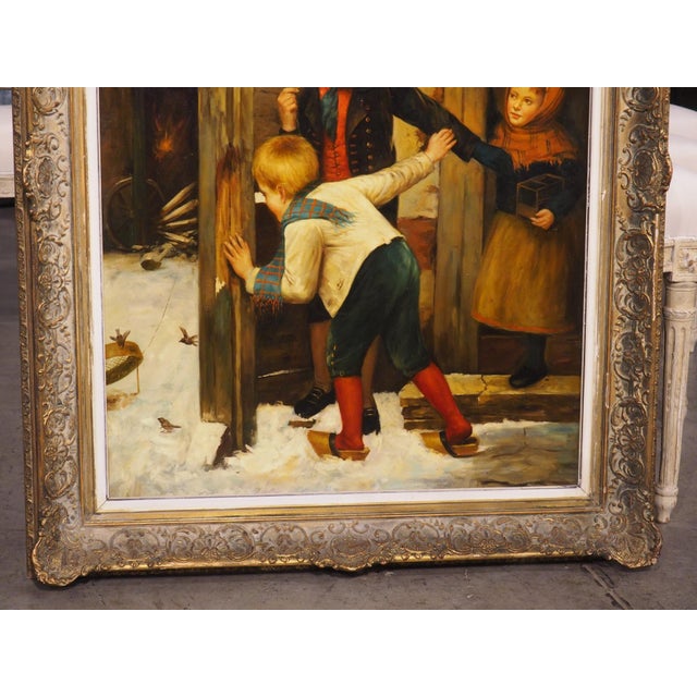 Textile 19th Century Oil on Canvas Painting, Children Playing in Winter, Alsace, France For Sale - Image 7 of 16