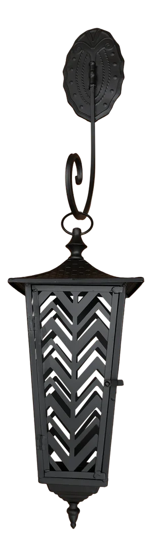 Late 20th-Century Moroccan-Inspired Zig Zag Cutout Tin Lantern & Wrought Iron Medallion Hanger - 2 Piece Set