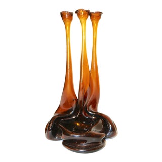 Vintage Hand Blown Amber Glass Beer Bottle Candelabra Candle Stick Holder For Sale