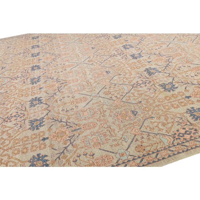 2020s Modern Tabriz Style Wool Area Rug – Muted Neutrals, Peach & Indigo Accent 12x15 For Sale - Image 5 of 12