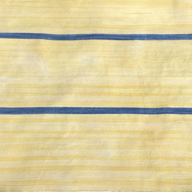 Vintage ABC Carpet 8’ X 12’ 100% Cotton Light Yellow, White Strié Pattern Rug With 1” Marine Blue Stripe For Sale - Image 4 of 4