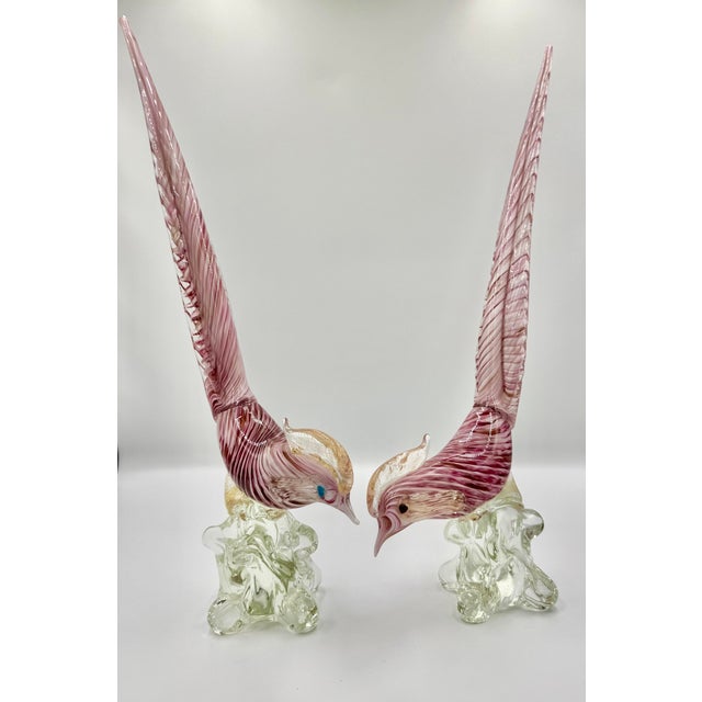 A decorative pair of elegant and whimsical vintage Mid-Century Italian Murano hand-blown glass pheasant-form bird...