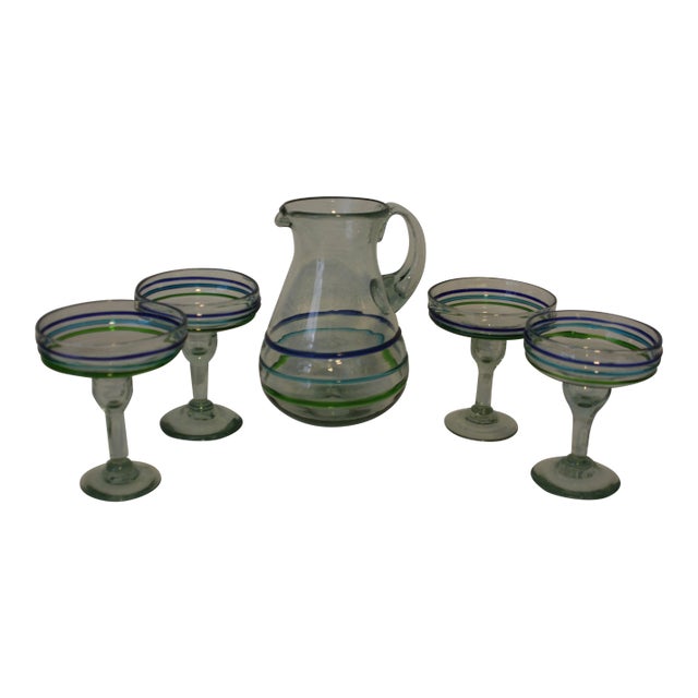 Handcrafted Artisan Margarita Glasses & Pitcher 5 Piece Set Blue