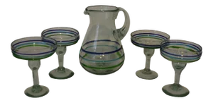 Vintage Handcrafted Artisan Margarita Glasses & Pitcher 5 Piece Set Blue Accents
