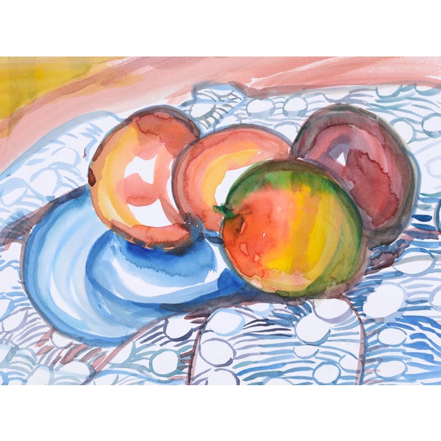 Gorgeous, bright still life of apples on mat board by Virginia Hughins (American, 1923-2004). Unsigned and unframed. From...