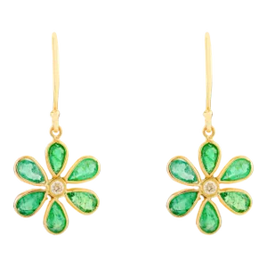 Pear Cut Emerald Floral Dangle Earrings in 18k Yellow Gold- a Pair