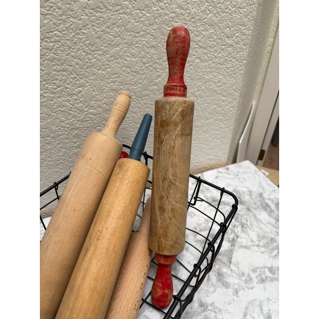 Black Vintage Rustic Wood Set of Assorted Rolling Pins, Set of Six With Black Metal Basket For Sale - Image 8 of 10