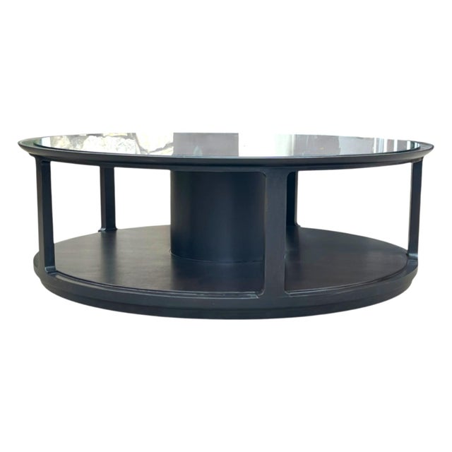 Dunbar Round Mahogany Coffee Table – Ebonized Finish, Glass Top, Casters For Sale - Image 16 of 16