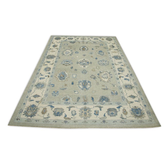 Early 21st Century Early 21st Century Green & Blue Floral Design Handwoven Wool Turkish Oushak Rug 6'1" X 8'6" For Sale - Image 5 of 7