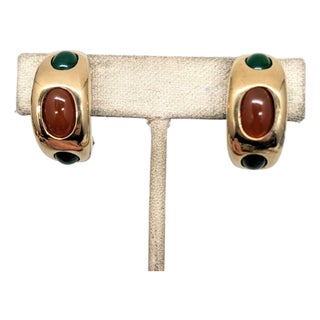 Vintage 1960s Signed Hattie Carnegie Cabochon Half Hoop Clip Earrings-2 Pieces For Sale