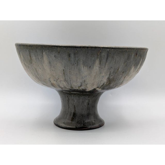Ceramic Late 20th Century Handcrafted Studio Pottery Blue Gray Glaze Speckled Pedestal Bowl Signed For Sale - Image 7 of 12