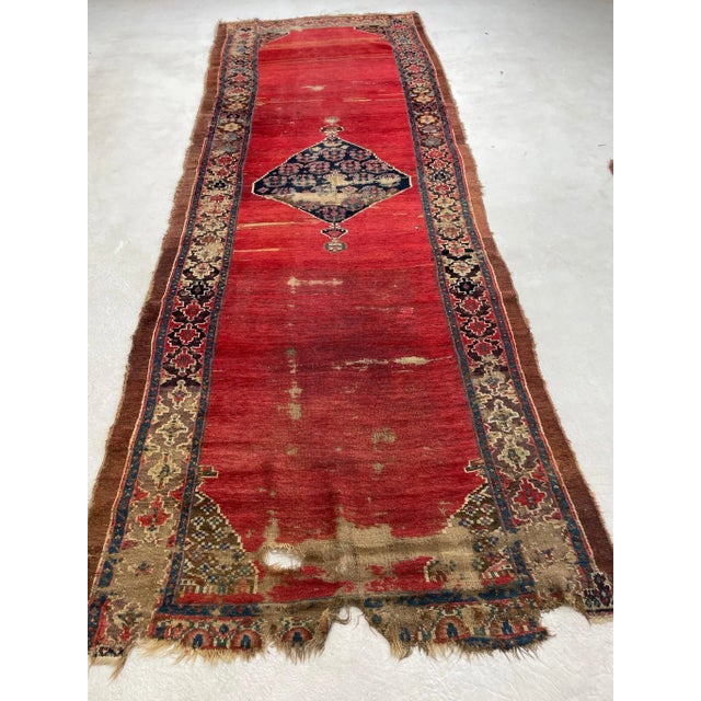 Late 19th Century Late 19th Century Ancient Kurdish Reds Aubergine & Emerald Green Runner Rug 4.3 X 11.10 For Sale - Image 10 of 12