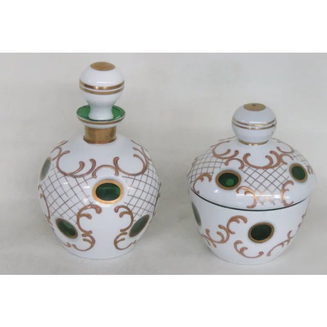 Bohemian Perfume Bottle Czechoslovakia Cased Glass to Green Set For Sale - Image 12 of 12