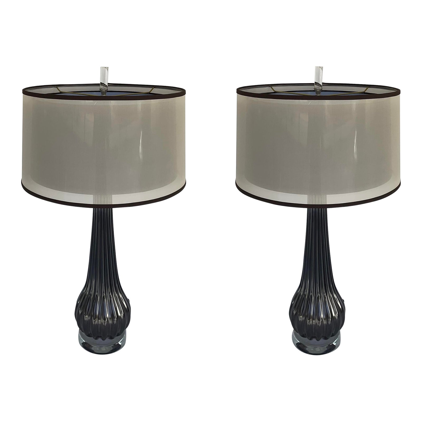 Studio a Home Modern Ribbed Smoke Glass Table Lamps Pair | Chairish