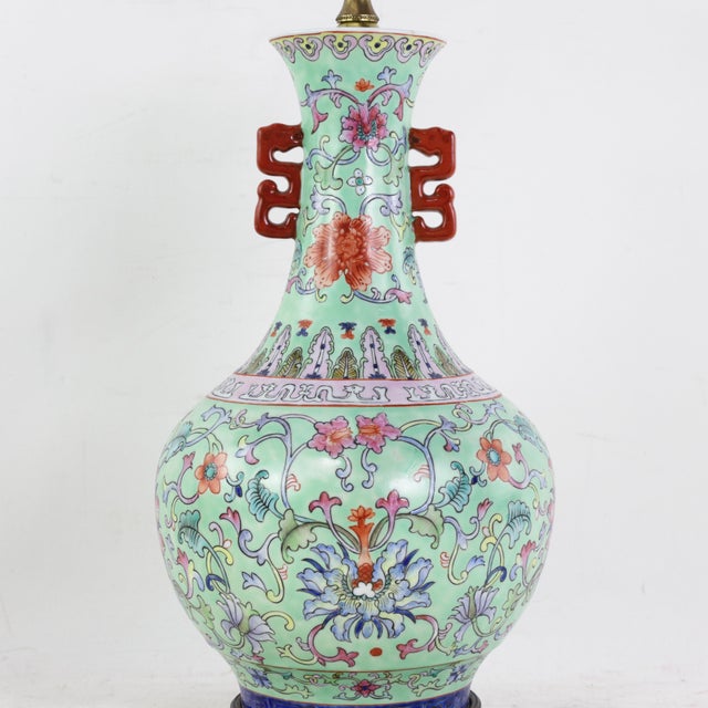 Vintage Chinese Famille Rose Lime Green Porcelain Vase Lamp With Lotus and Peony Scrollwork For Sale In New York - Image 6 of 16