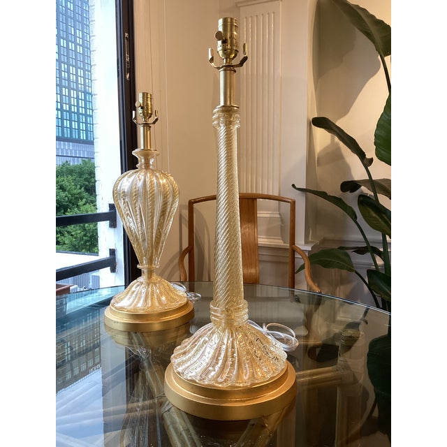 Hollywood Regency Vintage Murano Attributed Gold Aventurine Glass Table Lamps – Restored Set - a pair For Sale - Image 3 of 7