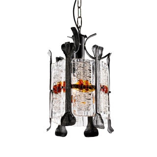 Brutalist Pendant Lamp in Wrought Iron and Colored Murano Glass attributed to Tom Ahlström & Hans Ehrich, Sweden, 1960s For Sale