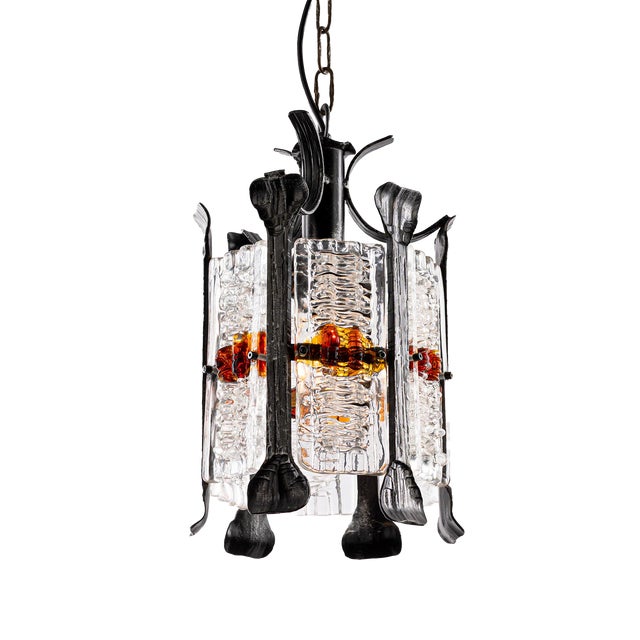 Brutalist Pendant Lamp in Wrought Iron and Colored Murano Glass by Tom Ahlström & Hans Ehrich, Sweden, 1960s For Sale