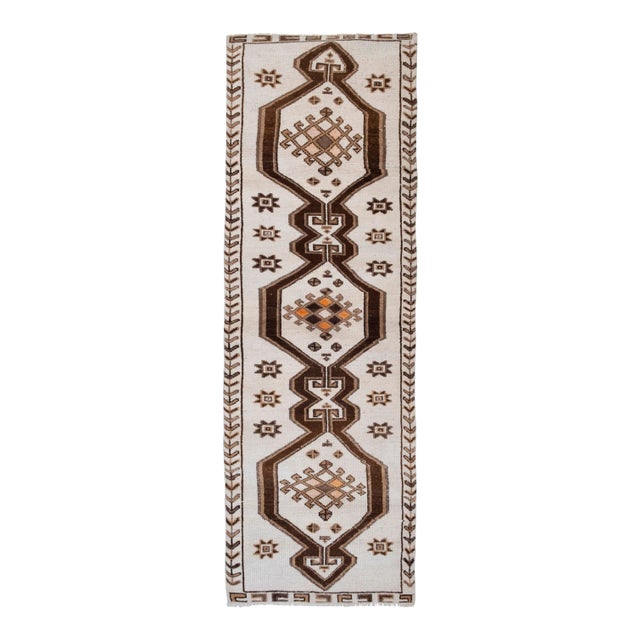 Vintage Turkish Geometric Hand-Knotted Runner 3'10" X 12'1" For Sale