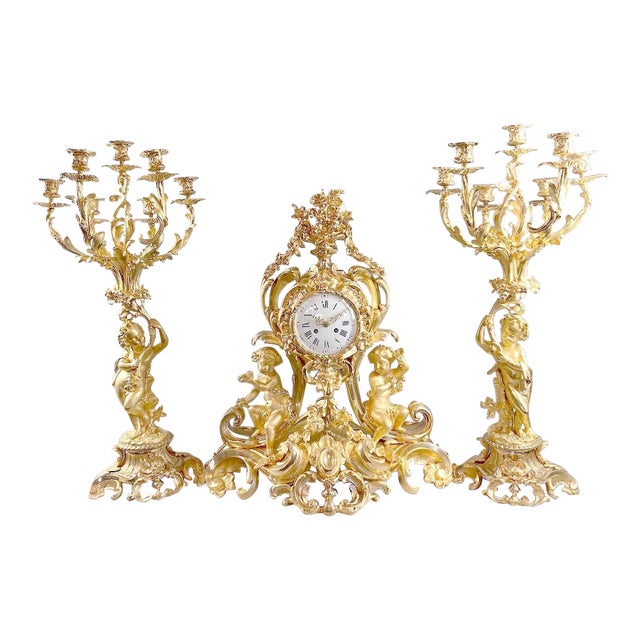 1840s French Louis XV Ormolu Bronze Clock Set - 3 PCS For Sale