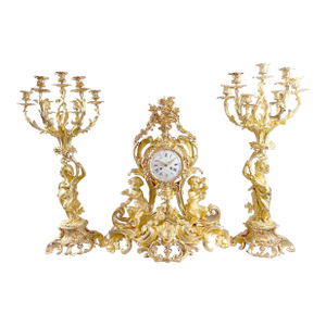 1840s French Louis XV Ormolu Bronze Clock Set - 3 PCS