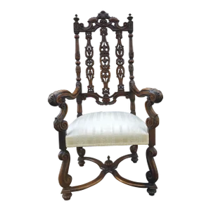 Antique Gothic Jacobean Style Carved Ornate Walnut Throne Accent Chair