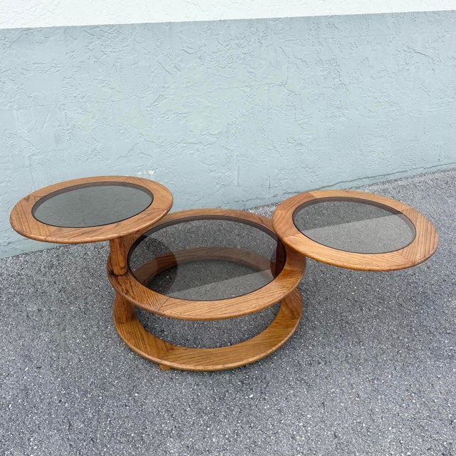 Mid 20th Century Mid Century Modern Three Tier Oak and Smoked Glass Swivel Coffee Table For Sale - Image 5 of 10