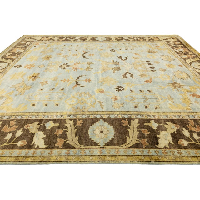 Modern Hand-Knotted Oushak Style Wool Area Rug in Soft Sky Blue and Ochre Gold For Sale In New York - Image 6 of 12